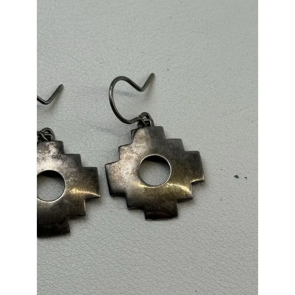 Vintage Sterling Silver Hook Pierced Earrings Chakana Cross Unmarked